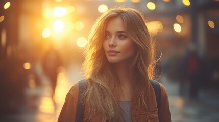 Obraz premium Young woman with flowing hair and a thoughtful expression walking through a city street at sunset, surrounded by golden bokeh lights and an urban backdrop.