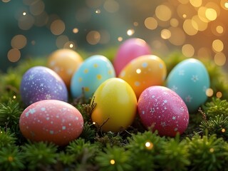 Colorful Easter Eggs on Moss With Bokeh Light Background