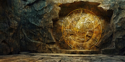 Fototapeta premium Stone Wall with Embossed Golden Circular Symbol
