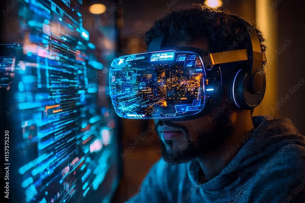 Poster at night, a businessman uses a computer to interact with a touch hologram in a virtual reality offic