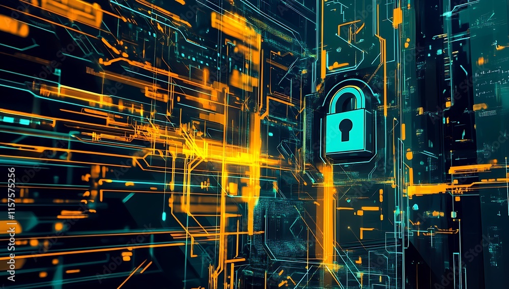 Poster cybersecurity: a glowing blue padlock stands out against a vibrant neon backdrop of abstract circuit