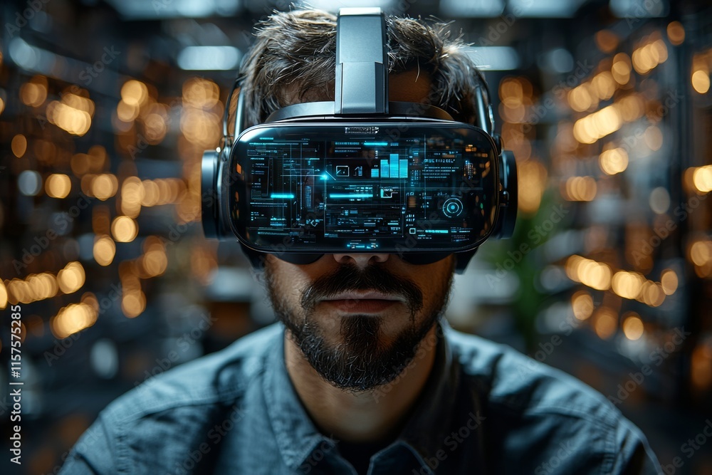 Poster in a nighttime office setting, a man in virtual reality uses a computer and touch hologram to analyz