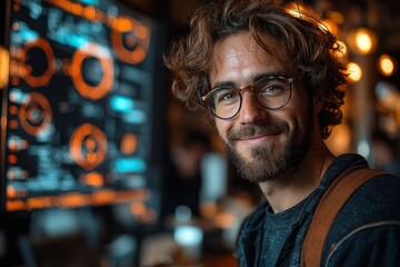 Fototapeta premium A man in business, interacting with a tablet hologram featuring digital overlays for technology, statistics, or data. This 3D, augmented reality scene depicts a cheerful individual using a