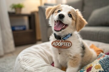 Fototapeta na wymiar Adopted dog in cozy home. Pet care and animal adoption