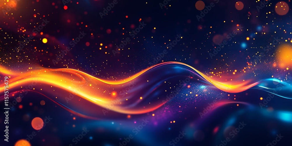 Poster cosmic flow: abstract artwork of vibrant, swirling energy with a blend of fiery orange and deep blue