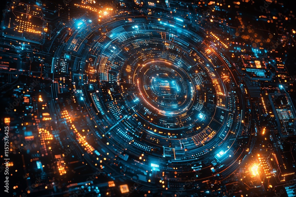 Poster a futuristic abstract object featuring a hud element, a 3d hologram display made of glowing particle
