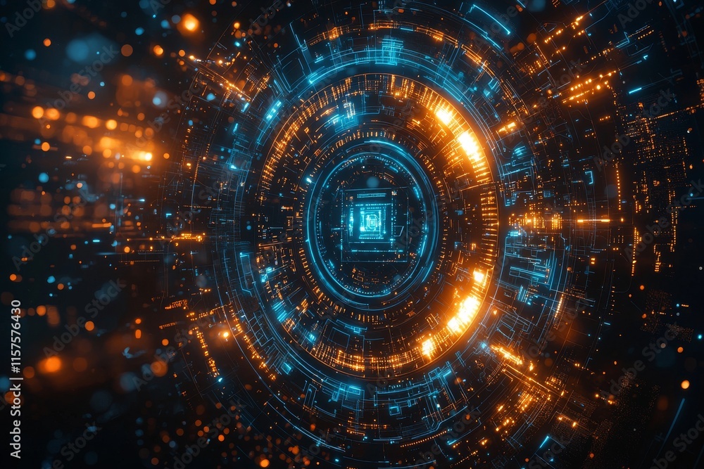 Poster an abstract, futuristic object with a hud element, showcasing a 3d hologram display composed of lumi
