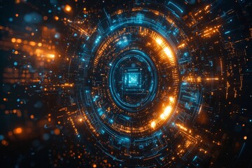 Fototapeta premium An abstract, futuristic object with a HUD element, showcasing a 3D hologram display composed of luminous particles and blurred circles, embodying a nanotechnology machine.