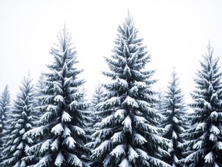 Fototapeta premium Snow-covered evergreen trees standing tall in a serene winter landscape, creating a tranquil atmosphere filled with beauty and peacefulness in a snowy forest environment