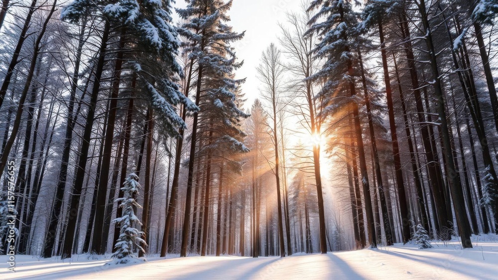 Poster serene winter forest scene with sunlight rays piercing through snow-covered trees and creating a mag