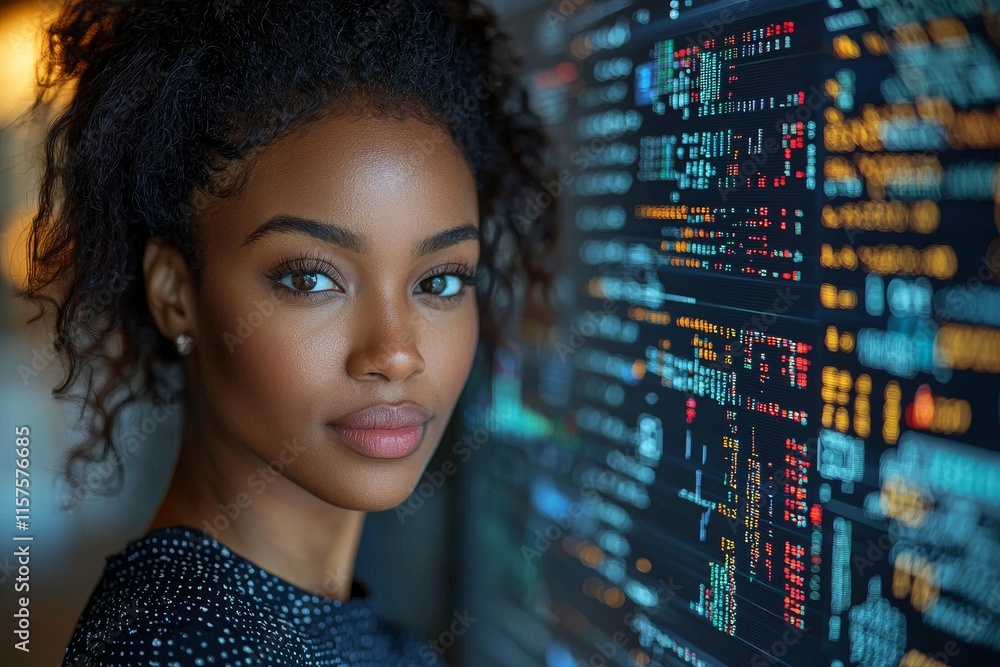 Poster a female programmer, focused on coding and cybersecurity, works with holographic and digital softwar