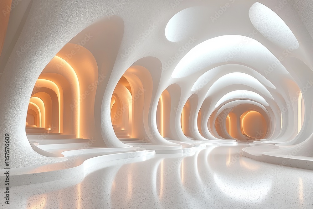 Poster a minimalist white backdrop with abstract futuristic architecture.