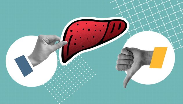 World Healthy Liver Day. a healthy human liver. collage with the image of cookies. medical banner. assembled collage about a healthy liver. hypatite A. hypatite B. hypatite C.