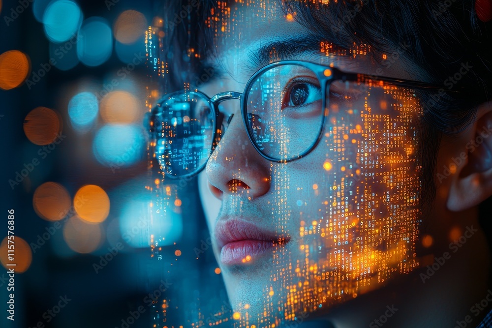 Poster a man focused on programming, coding, and data analytics, incorporating cybersecurity and futuristic