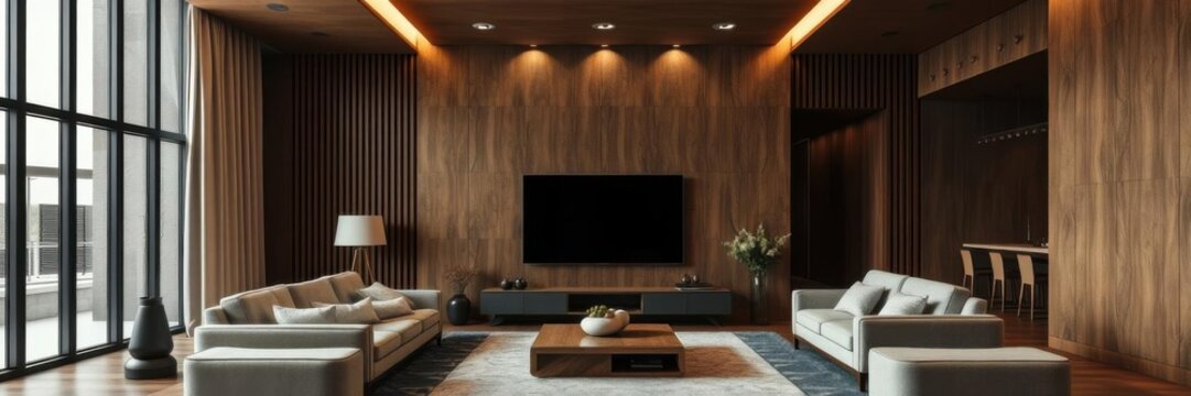Modern Minimalist Living Room Featuring Wooden Wall Panels, Stylish Furniture, Large Television, Natural Light, and Contemporary Decor Elements for Elegant Home Design