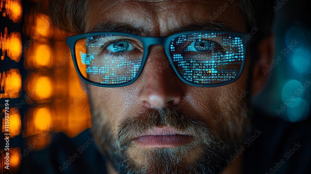 Poster a businessman handling stock and using ai to enhance his business operations.