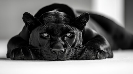 Majestic black panther lying down with intense stare in monochrome