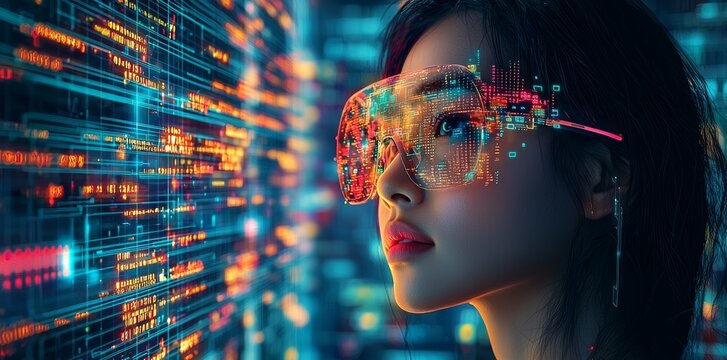 In VR glasses, a woman looks up at a portrait, surrounded by a hologram of a glowing virtual headset, linked to a sphere of the earth with connecting lines. - Powered by Adobe