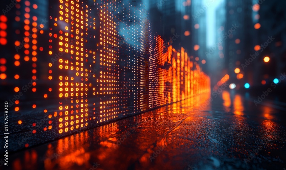 Poster an abstract backdrop with code, illustrating a futuristic financial market analysis with glowing neo