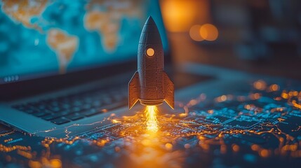A sleek, futuristic rocket soaring from an open laptop screen, representing a dynamic and potent idea for launching a thriving tech startup.