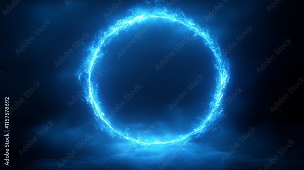 Poster vibrant electric aura illuminating an abstract circular portal amidst a mysterious dark backdrop