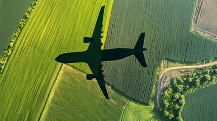 Airplane shadow over green fields: aerial perspective of rural landscape