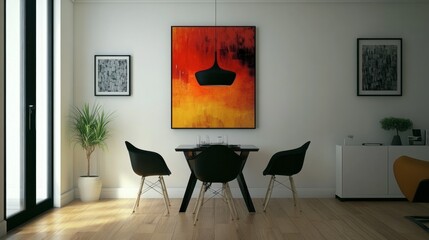 Modern dining room interior with artistic wall decoration and furniture