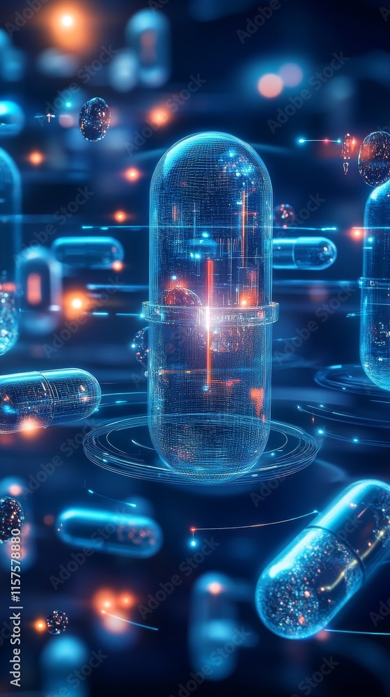 Poster futuristic world of glowing capsules creating a vibrant digital landscape filled with bioluminescent