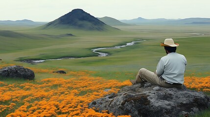 Fototapeta premium Man Contemplates Scenic Volcanic Landscape With Orange Flowers