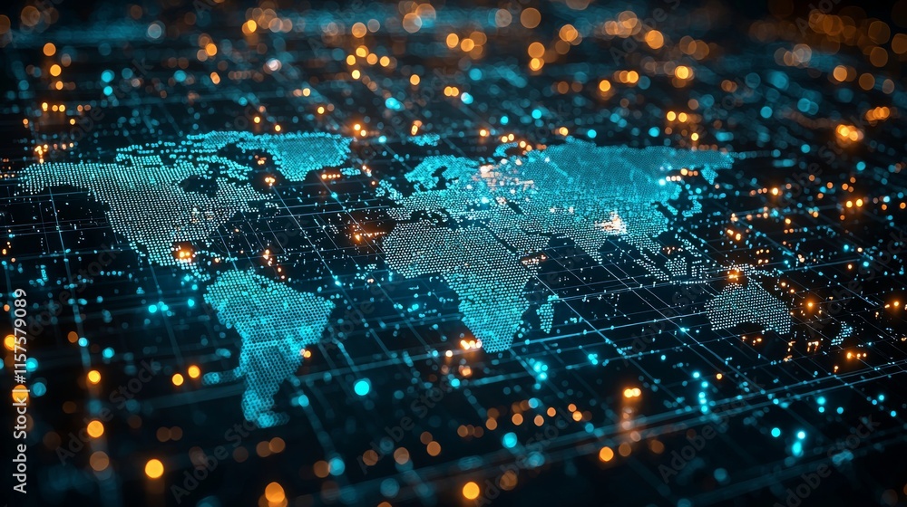 Aufkleber an abstract representation of a world map showcasing the interconnectedness of global networks, inte