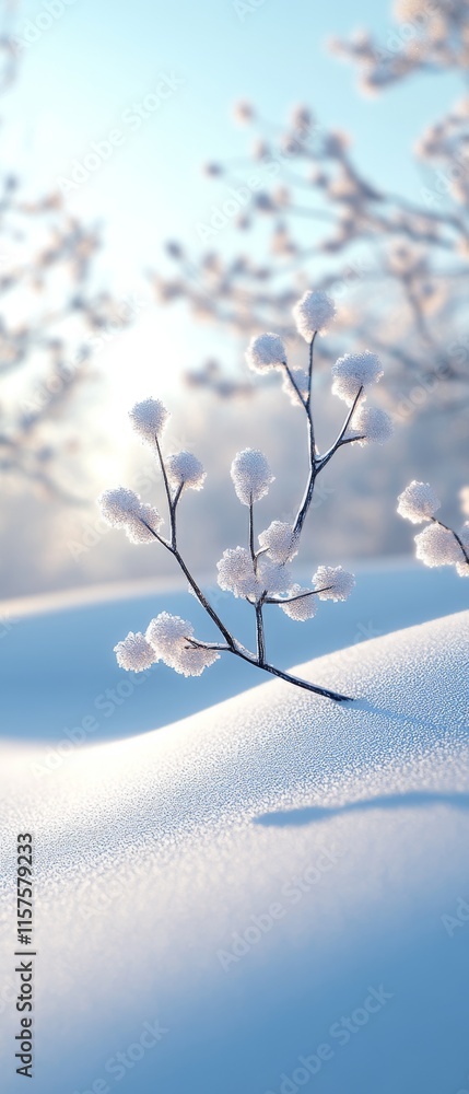 Poster snow-covered branches rise gracefully from a soft blanket of pristine white snow under gentle winter