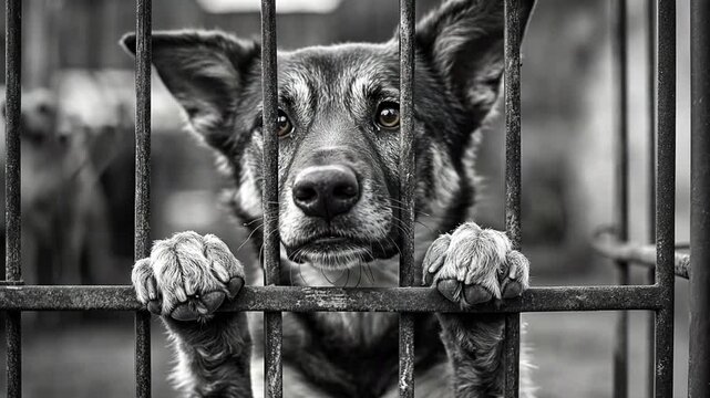 Black and white close-up of a sad dog behind a fence looking longingly.