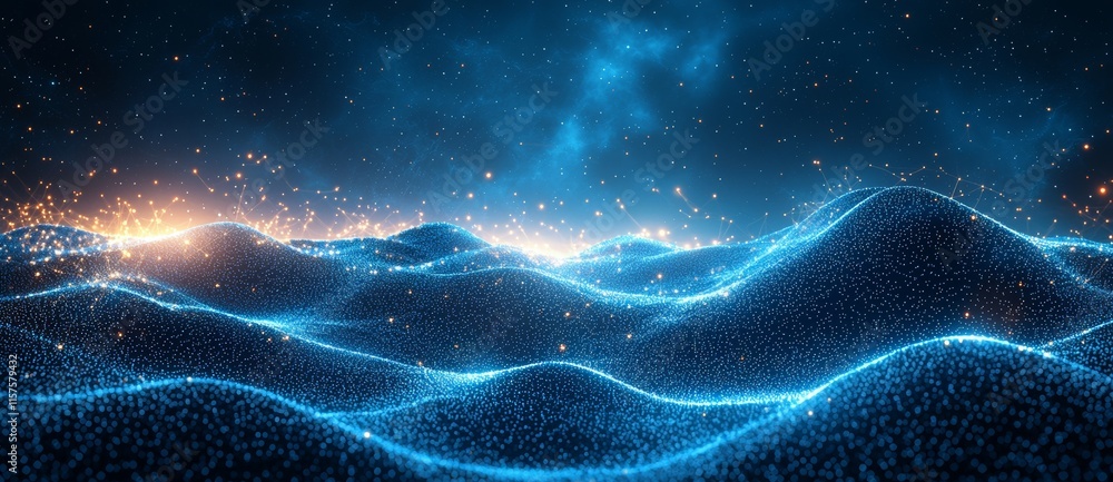 Poster a technology concept depicted in an abstract and futuristic style, featuring blue dots and lines lin