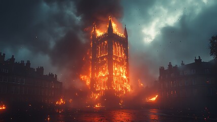 Fototapeta premium Gothic church engulfed in flames, burning intensely at night, surrounded by smaller buildings also on fire.