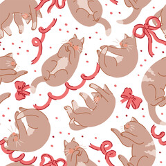 Seamless pattern of cute sleeping cats and bows. Pet animals, kitten ornament. Flat vector illustration.