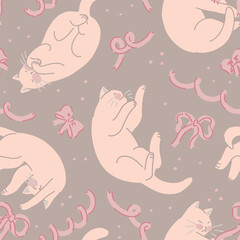 Seamless pattern of cute sleeping cats and bows. Pet animals, kitten ornament. Flat vector illustration.