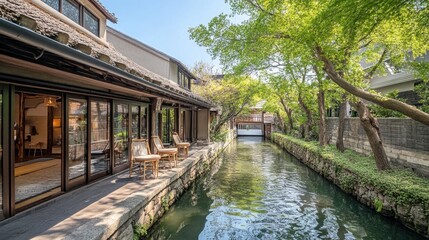 Serene Waterway with Traditional Architecture and Lush Greenery