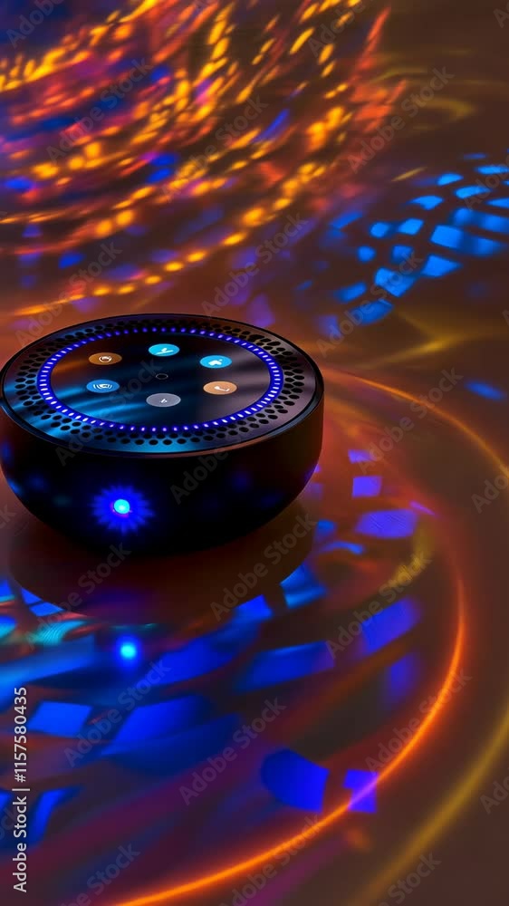 Poster colorful light patterns created by a compact device illuminating a smooth surface at a gathering