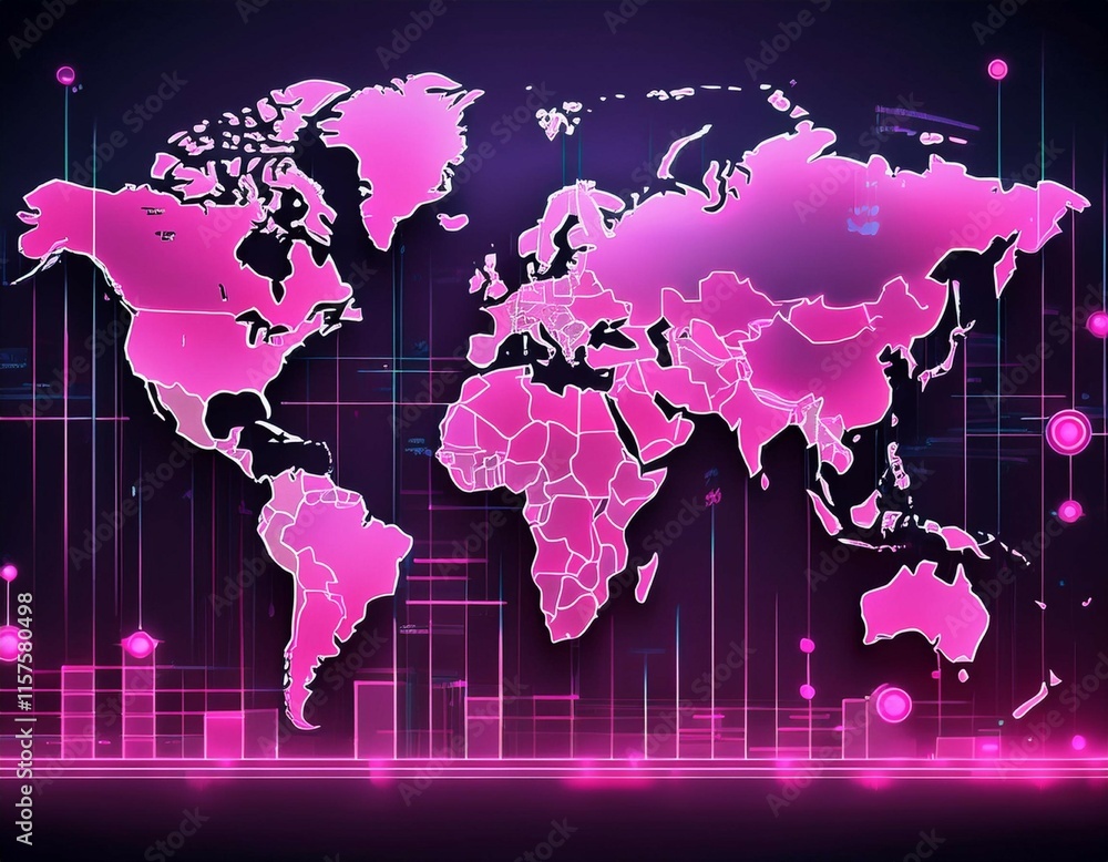 Aufkleber digital world map with data visualization in pink neon style