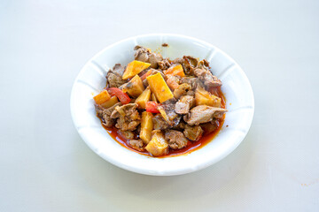 Famous Urfa meat liver, ciger wrapped by lavash with roasted chili pepper, onion and sauce in Sanliurfa, Turkey. Kuzu et ciger sis. Izgara dana bonfile, cop sis, kuzu pirzola. Karisik kebap, beyti keb