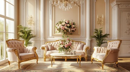 Elegant Living Room with Floral Arrangement and Luxurious Decor