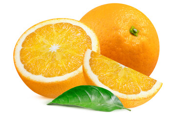 Oranges with leaves on isolated white background. Whole orange, slice and half.