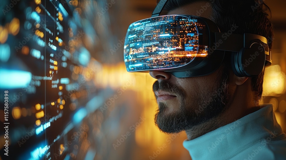 Poster a businessman navigating a digital interface with a virtual reality headset.
