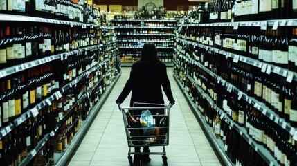 Obraz premium Woman buys an alcohol drink, walking with shopping cart full of bottles between rows with wine at supermarket