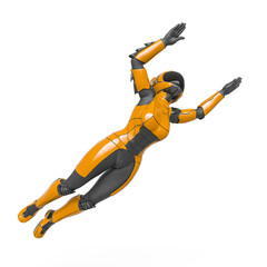 space girl in a new sci-fi suit on flying pose bottom view