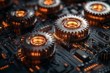 Interwoven gears and circuitry representing the harmony between technology and business operations.