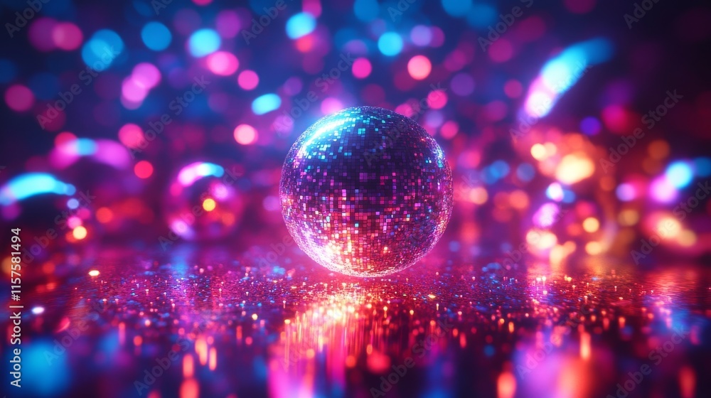 Poster Vibrant spheres reflect colorful lights in a mesmerizing display of digital artistry set against a soft, blurred background