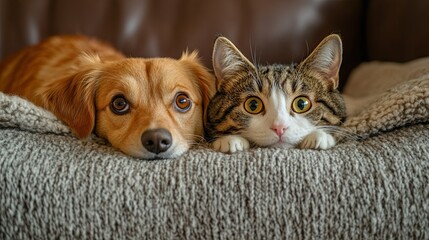 A scared dog and cat hide behind a sofa because they are afraid of fireworks or thunderstorms. 