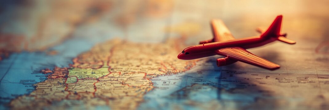 Toy airplane resting on a detailed map indicating travel routes and destinations