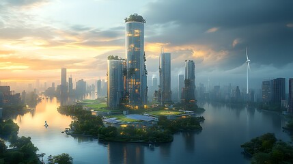Fototapeta premium Futuristic eco-friendly skyscraper on island at sunset, surrounded by city and river.